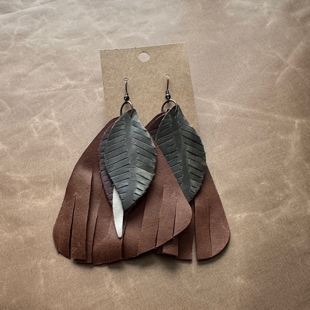 Leaf Design Brown And Silver Dangle Earrings - image 1